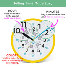 Load image into Gallery viewer, Large Kids Wall Clock. Telling Time Made Easy, kids Bedroom, Playroom, Study Room, Living Room, Classroom. Educational Material for Parents and Teachers. (Sunrise Yellow)