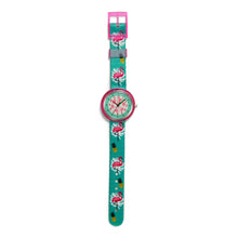 Load image into Gallery viewer, Kids Time Teaching Girl’s Watch (Fancy Flamingo).  Easy to read and teach time telling. Cute design perfect for gift and birthdays.  Tell Time Fun.  Learn to Tell Time.