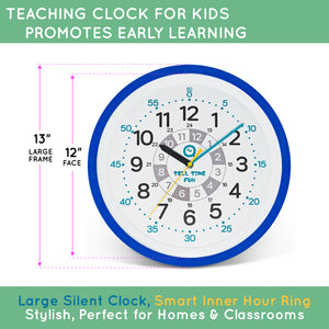 Large Kids Silent Analog Teaching Wall Clock. Kids Bedroom, Playroom, Study Room, Living Room, Classroom. Educational Material for Parents and Teachers. (Ocean Blue)