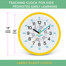 Load image into Gallery viewer, Tell Time Fun Large Kids Silent Analog Teaching Wall Clock. Kids Bedroom, Playroom, Study Room, Living Room, Classroom. Educational Material for Parents and Teachers. (Sunrise Yellow)