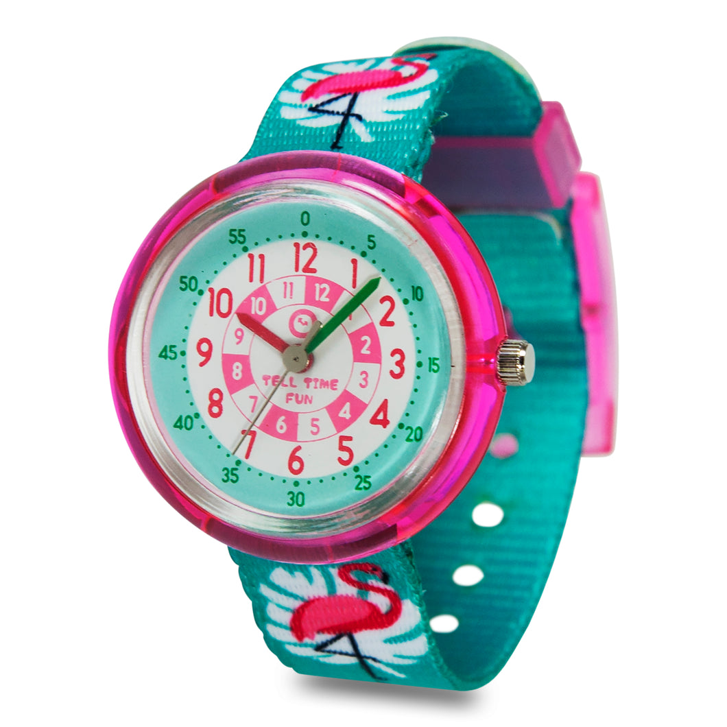 Kids Time Teaching Girl’s Watch (Fancy Flamingo).  Easy to read and teach time telling. Cute design perfect for gift and birthdays.  Tell Time Fun.  Learn to Tell Time.