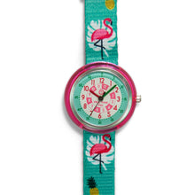 Load image into Gallery viewer, Kids Time Teaching Girl’s Watch (Fancy Flamingo).  Easy to read and teach time telling. Cute design perfect for gift and birthdays.  Tell Time Fun.  Learn to Tell Time.