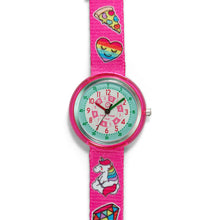 Load image into Gallery viewer, Kids Time Teaching Girl’s Watch (Magical Unicorn and Emojis).  Easy to read and teach time telling. Cute design perfect for gift and birthdays.  Tell Time Fun.  Learn to Tell Time.